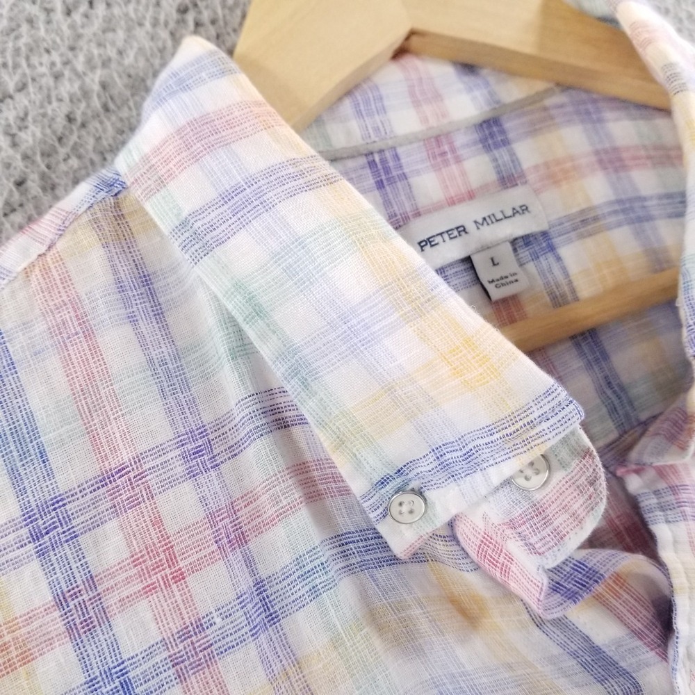Peter Millar Shirt Mens Large White Colorful Plaid Crown Hammock Sport Linen